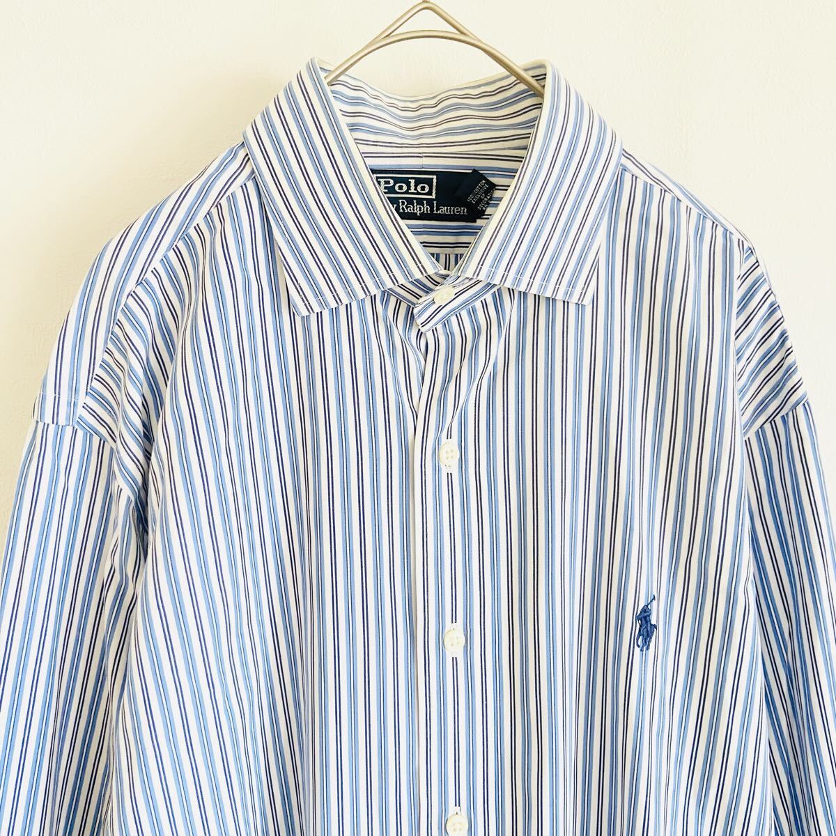 【90s'ポロバイラルフローレン】ポニー刺繍 長袖 ストライプシャツ/16/41表記/水色白紺/衝撃プライス!ヴィンテージフリーク待望★C40_画像2
