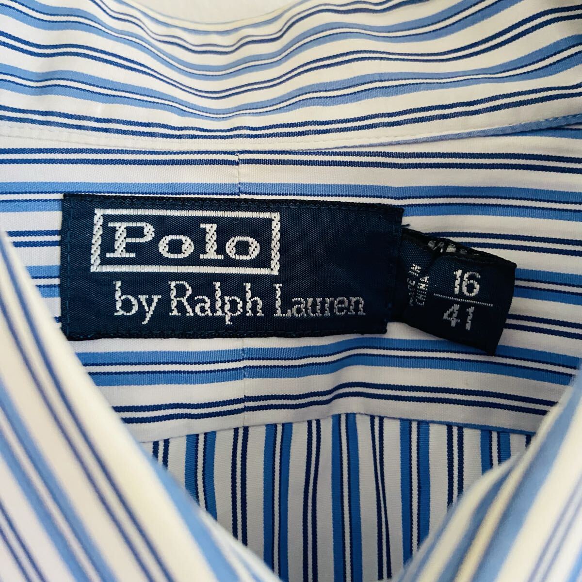 【90s'ポロバイラルフローレン】ポニー刺繍 長袖 ストライプシャツ/16/41表記/水色白紺/衝撃プライス!ヴィンテージフリーク待望★C40_画像7