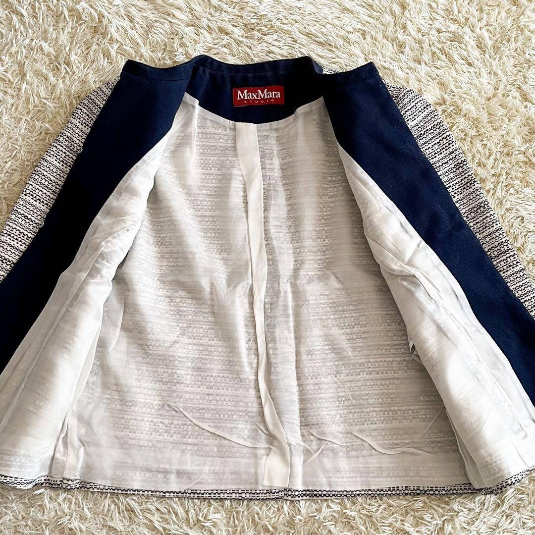 MaxMara STUDIO ノーカラー ジャケット ツイード マックスマーラ ストゥディオ L スタイリッシュ エレガント フォーマル ネイビー ホワイト_画像2