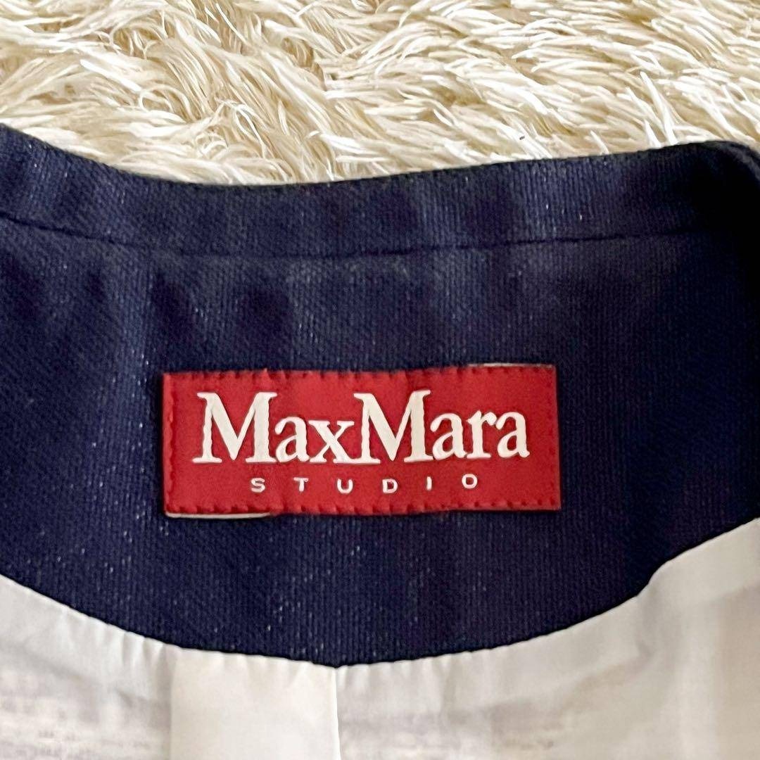 MaxMara STUDIO ノーカラー ジャケット ツイード マックスマーラ ストゥディオ L スタイリッシュ エレガント フォーマル ネイビー ホワイト_画像4