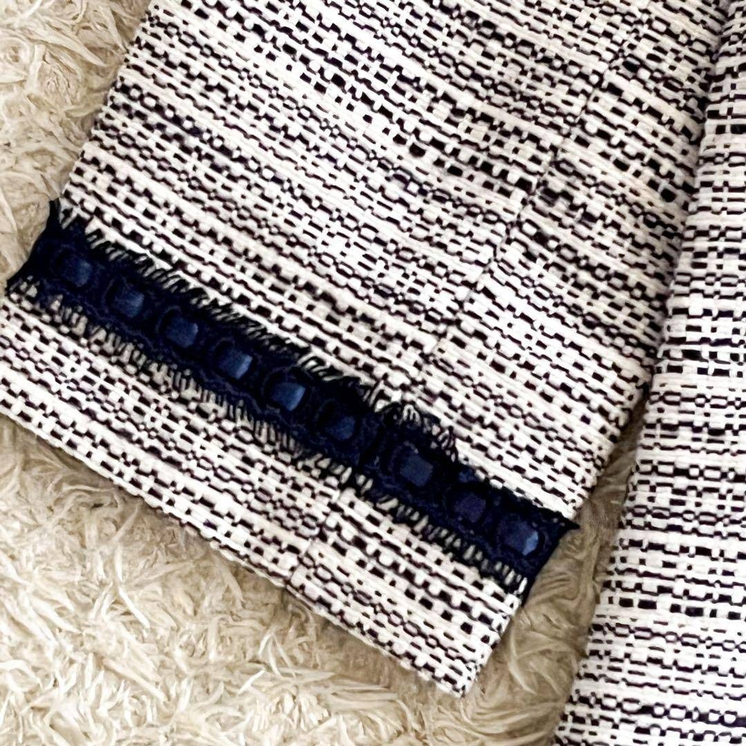 MaxMara STUDIO ノーカラー ジャケット ツイード マックスマーラ ストゥディオ L スタイリッシュ エレガント フォーマル ネイビー ホワイト_画像6