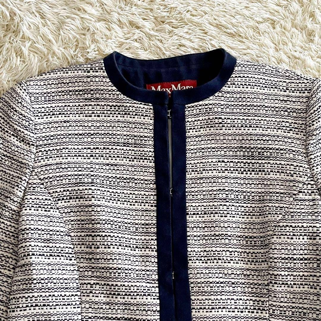 MaxMara STUDIO ノーカラー ジャケット ツイード マックスマーラ ストゥディオ L スタイリッシュ エレガント フォーマル ネイビー ホワイト_画像8