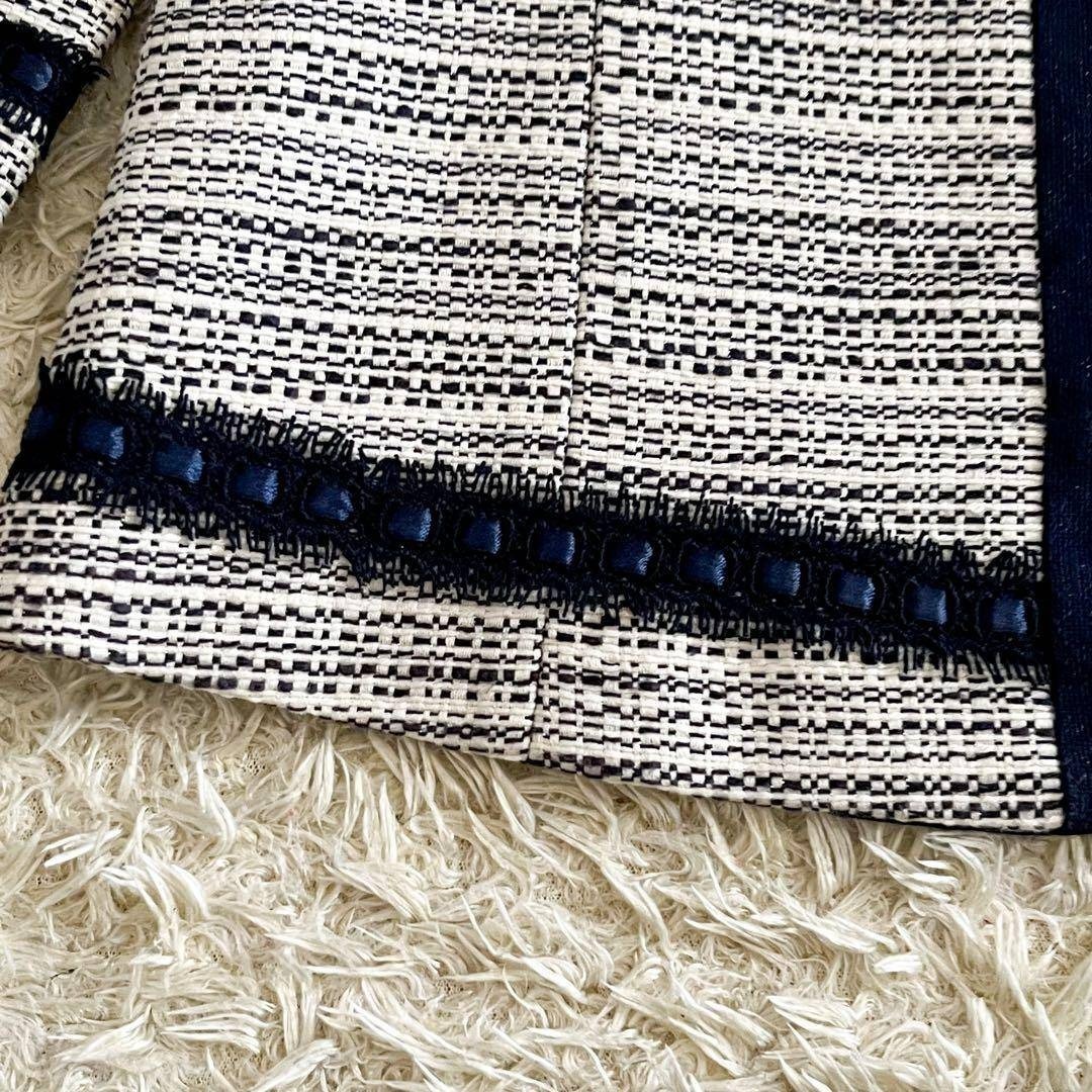 MaxMara STUDIO ノーカラー ジャケット ツイード マックスマーラ ストゥディオ L スタイリッシュ エレガント フォーマル ネイビー ホワイト_画像9