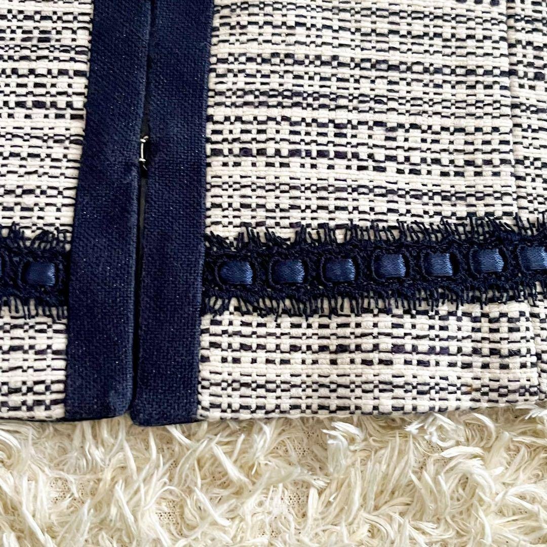 MaxMara STUDIO ノーカラー ジャケット ツイード マックスマーラ ストゥディオ L スタイリッシュ エレガント フォーマル ネイビー ホワイト_画像10