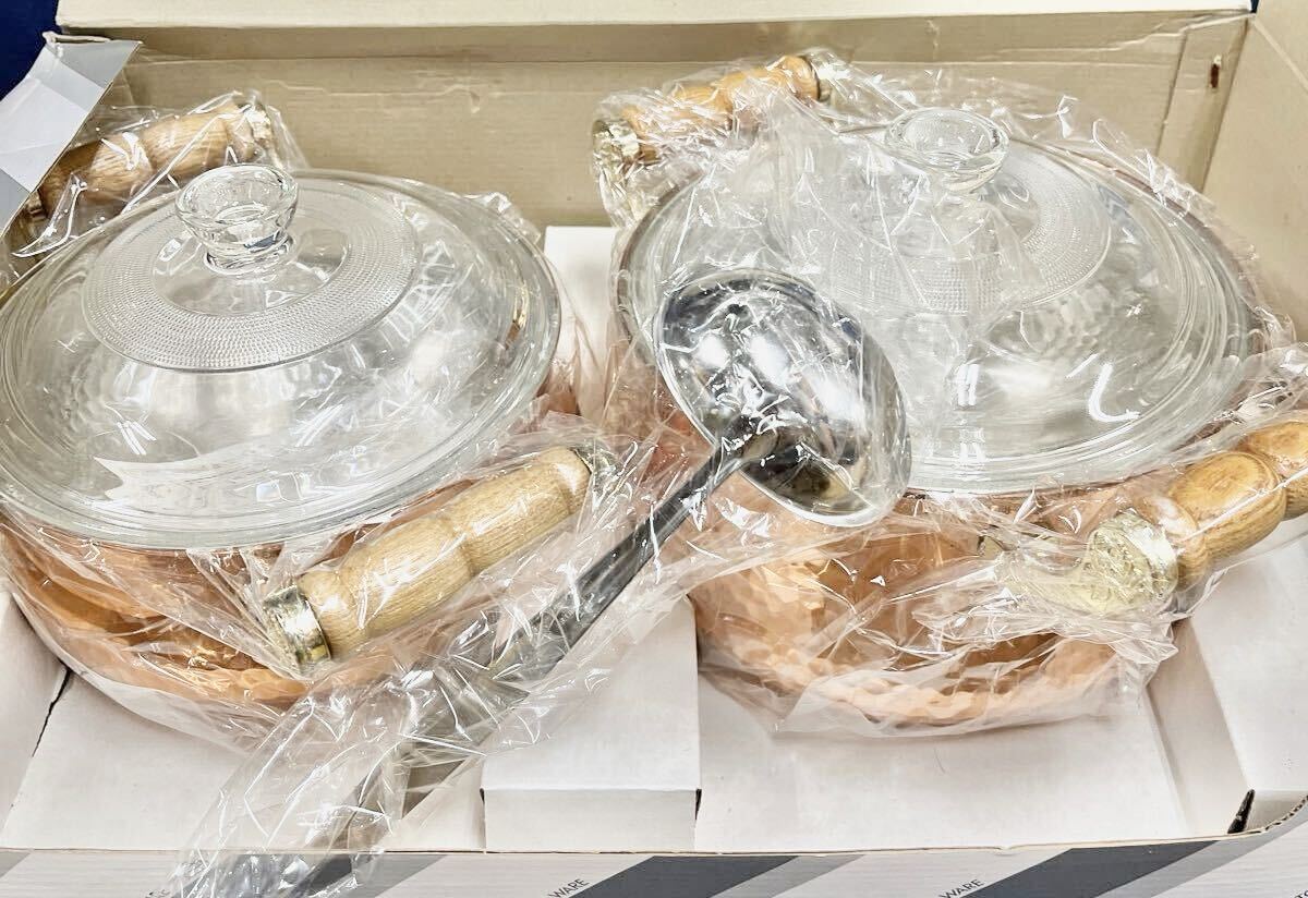 (送料無料)未使用保管品 青柳製作所 純銅製品シリーズ 強化ガラス蓋付き 純銅鍋両手鍋×2点 槌目加工☆17㎝1.7+18㎝2.3☆確認事項有り_画像2