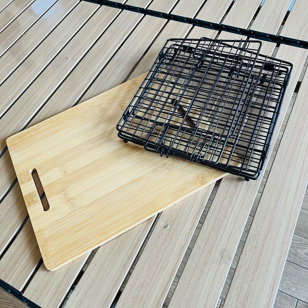 2点セット 折りたたみ 収納メッシュトレー ミニテーブル ステンレス製 竹木天板 30×25.5×21cm キャンプ アウトドア _画像7