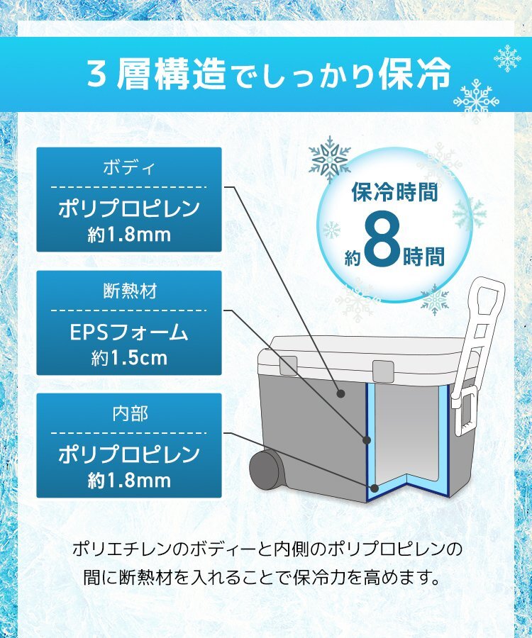クーラーボックス ホワイト 大型 大容量 48L キャスター付き アウトドア キャンプ 釣り 海水浴 フェス 車中泊 バーべキュー コロコロ_画像7