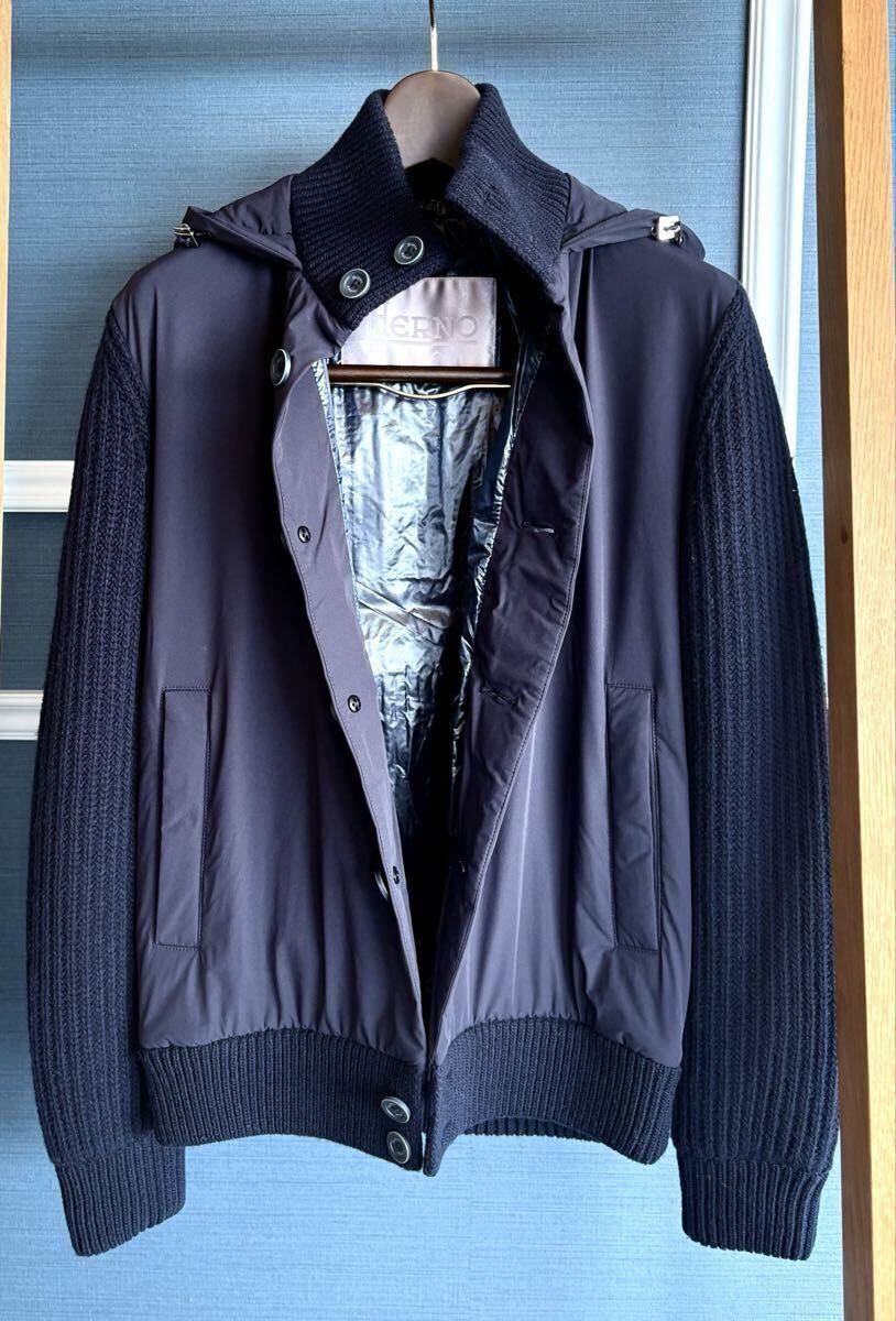 ヘルノ リゾート(Herno resort) 、ウールニットナイロン中綿コンビジャケット、ネイビー、サイズ44、本物_画像3