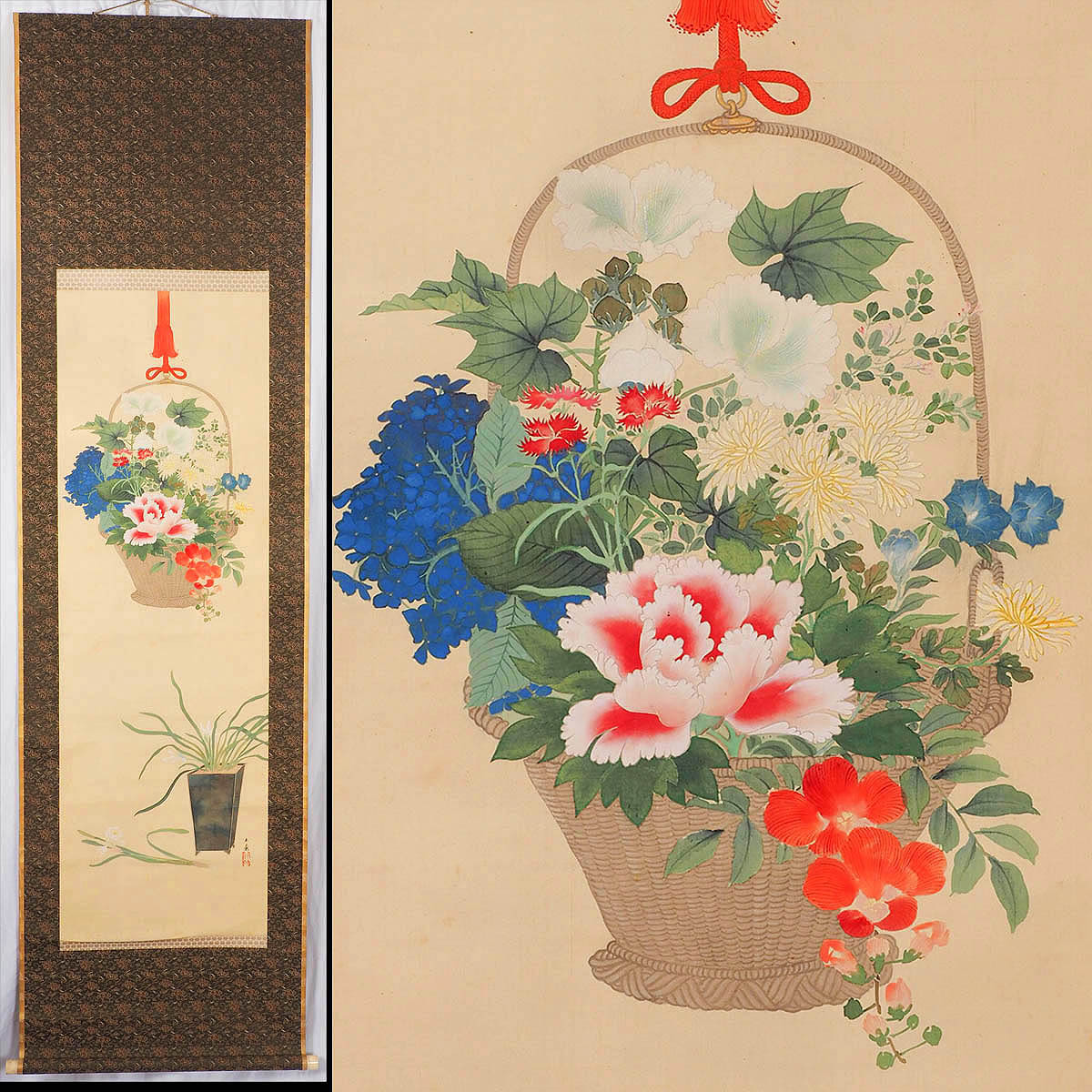 【真作】A_XE42 旧家初出 在銘 花籠花車 極細密 極彩色 肉筆 絹本 掛軸 / 検 琳派 竹下金鳥 中国古玩_画像1