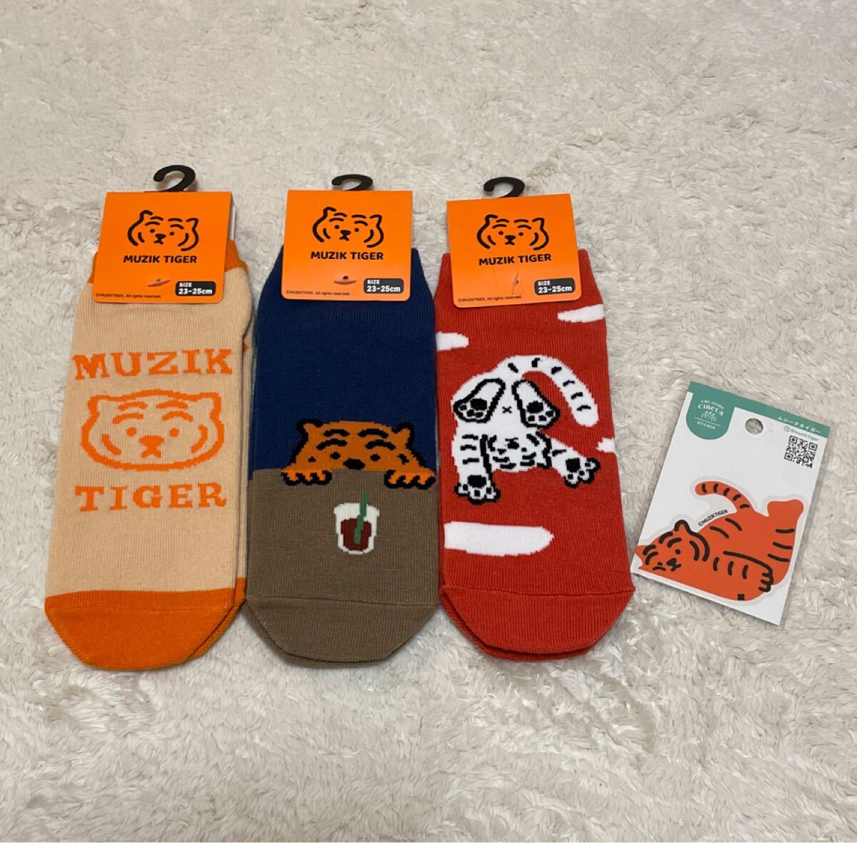 新品★ムジークタイガー★靴下3足セット★ステッカーおまけ★MUZIK TIGER★23-25cm★ショート丈★レディース女の子女性ソックスくつ下_画像1