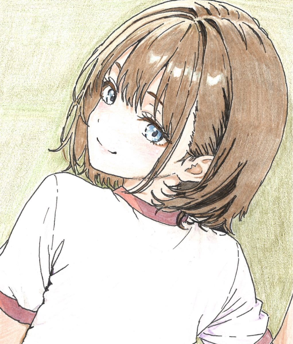 手描きイラスト 手書きイラスト 色鉛筆画 オリジナルキャラ ケント紙 アナログ 巨乳 美乳 美尻 セクシー A4 体操服美女 の画像1