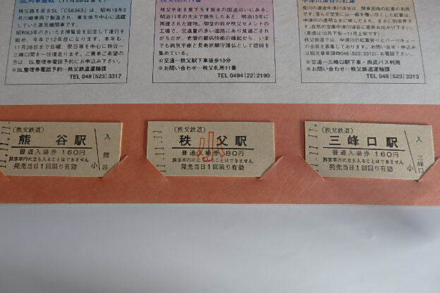 切符 平成11年11月11日 秩父駅記念入場券(平成11年11月11日記念) 秩父鉄道株式会社 秩父駅発行 未使用硬券 3枚 (額面出品)_画像2