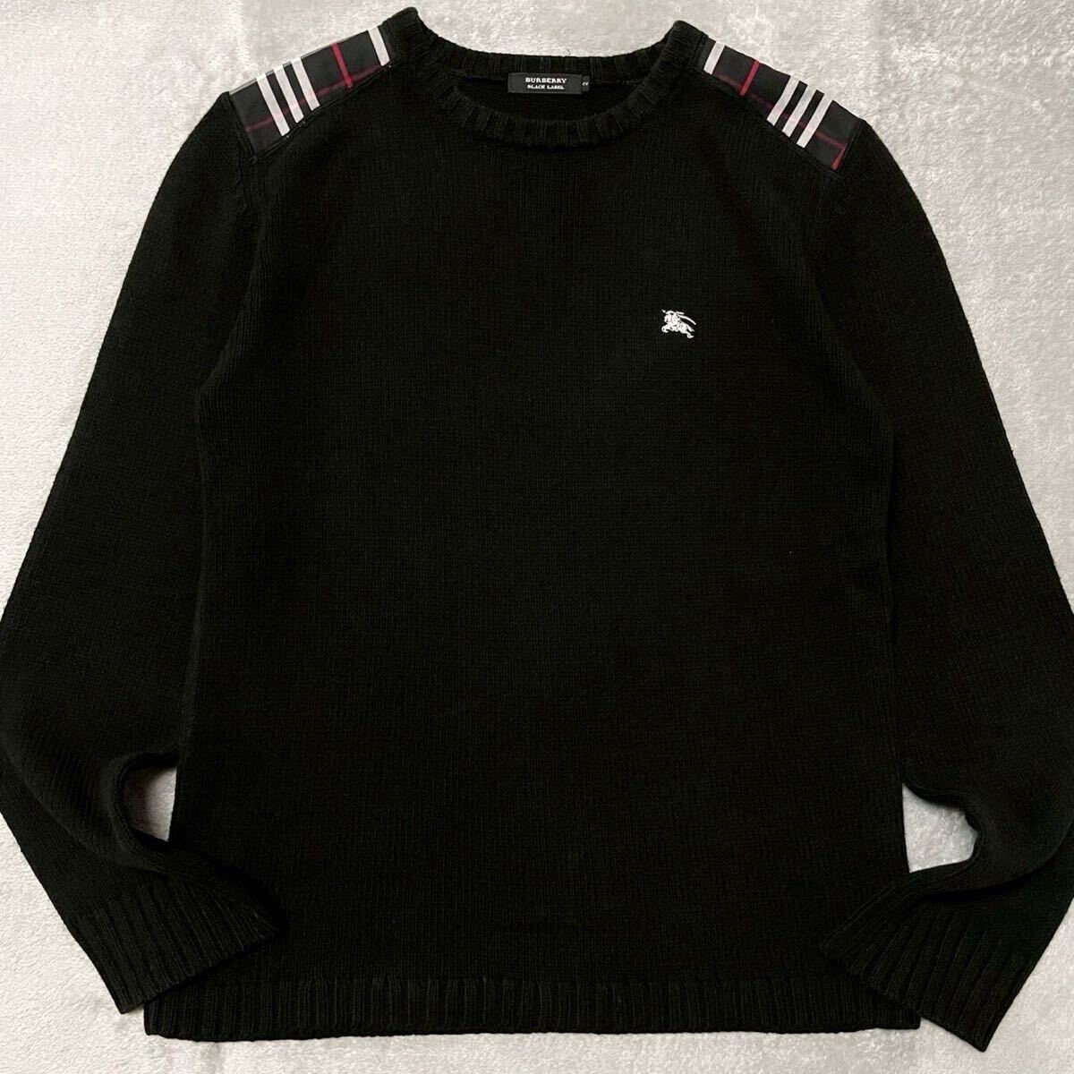 美品/M相当★BURBERRY BLACK LABEL バーバリー ブラックレーベル ニット セーター ホースロゴ 刺繍 肩ノバチェック メンズ 2 黒 ブラック_画像1