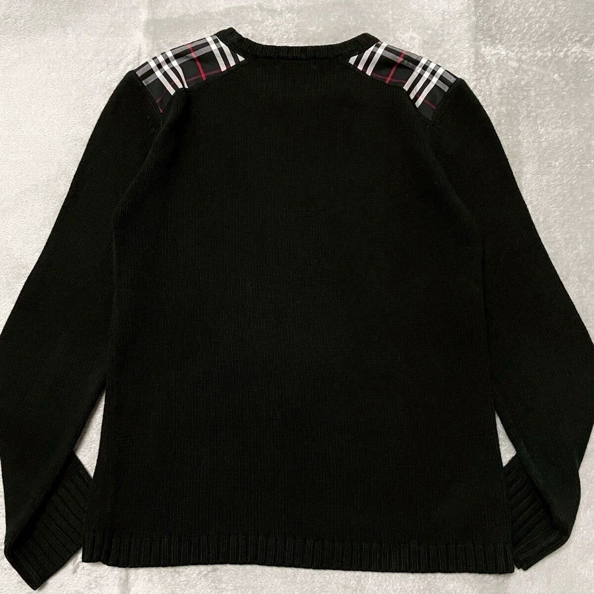 美品/M相当★BURBERRY BLACK LABEL バーバリー ブラックレーベル ニット セーター ホースロゴ 刺繍 肩ノバチェック メンズ 2 黒 ブラック_画像4