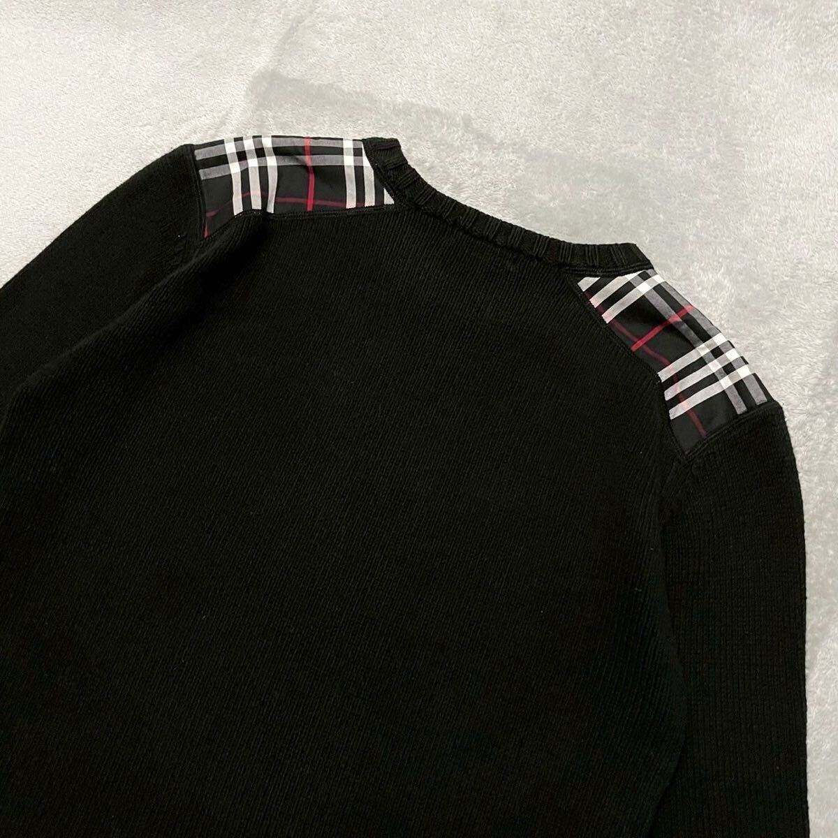 美品/M相当★BURBERRY BLACK LABEL バーバリー ブラックレーベル ニット セーター ホースロゴ 刺繍 肩ノバチェック メンズ 2 黒 ブラック_画像5