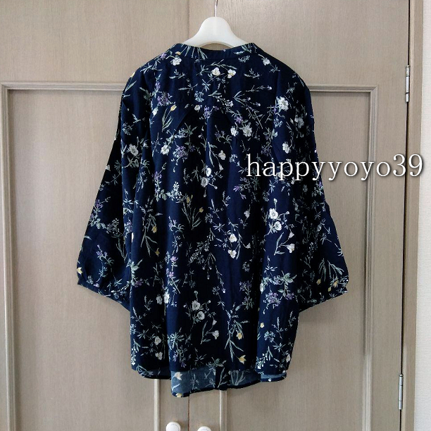 新品3L 紺 花柄レーヨン シャツ ブラウス チュニック 大きいサイズ七分袖 プルオーバー ブラウス大きいサイズ スキッパー ミセス_画像2