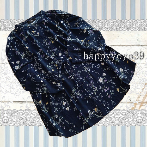 新品3L 紺 花柄レーヨン シャツ ブラウス チュニック 大きいサイズ七分袖 プルオーバー ブラウス大きいサイズ スキッパー ミセス_画像3