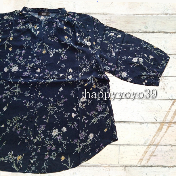新品3L 紺 花柄レーヨン シャツ ブラウス チュニック 大きいサイズ七分袖 プルオーバー ブラウス大きいサイズ スキッパー ミセス_画像5