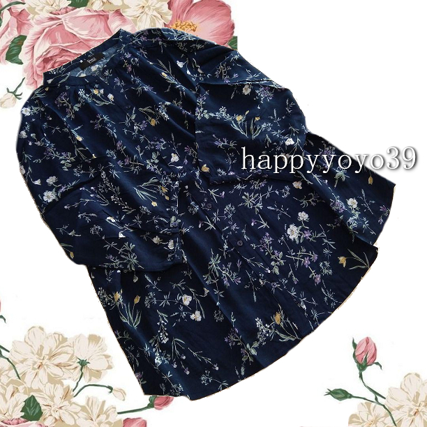 新品3L 紺 花柄レーヨン シャツ ブラウス チュニック 大きいサイズ七分袖 プルオーバー ブラウス大きいサイズ スキッパー ミセス_画像8