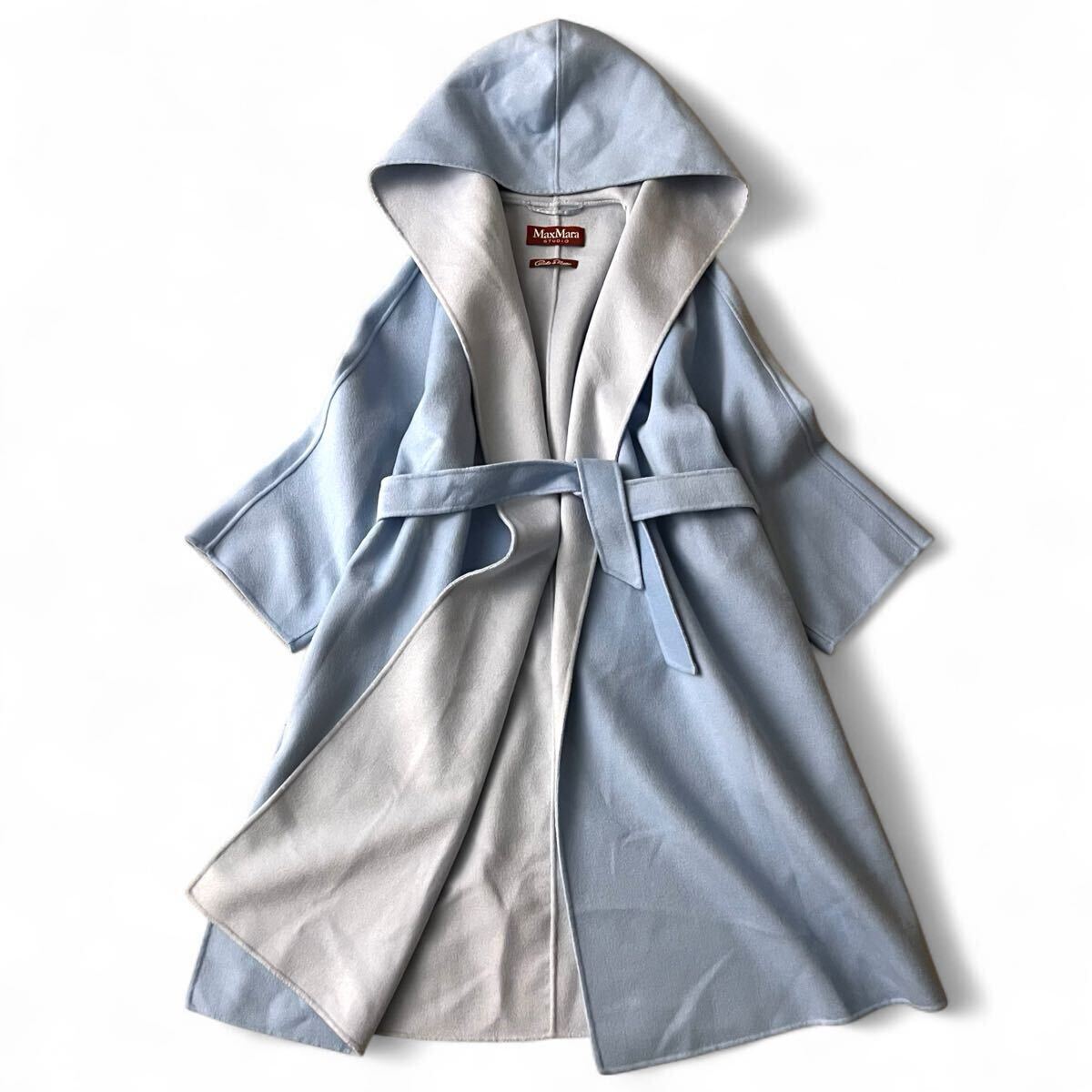 最高級品 MaxMara マックスマーラ クチートアマーノ マニュエラ ベルテッドコート ロングコート コート ベルト 最高級カシミヤ 水色_画像2