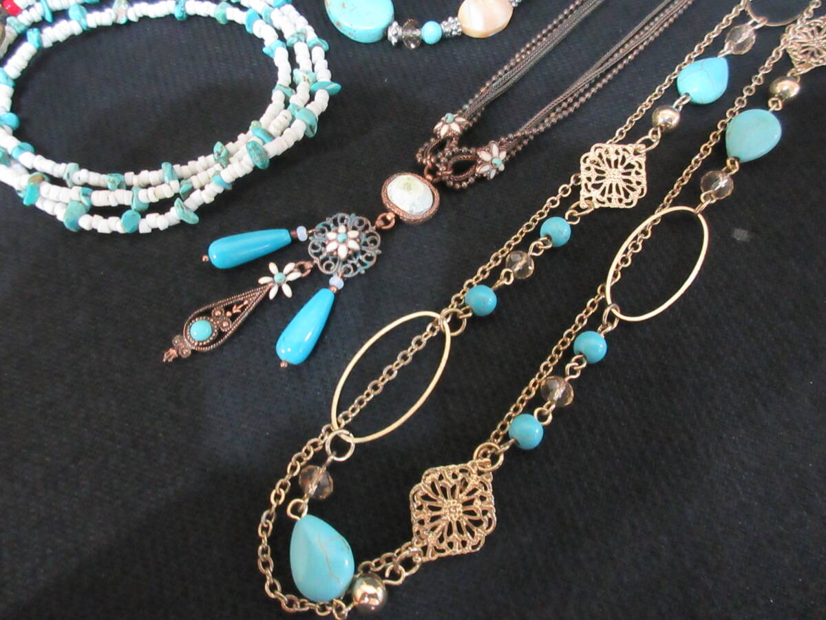 ＊100円～【天然石】パワーストーン トルコ石使い ターコイズカラー アクセサリー ネックレス3点＆ブレスレット2点 5点セット＊K-03_画像4