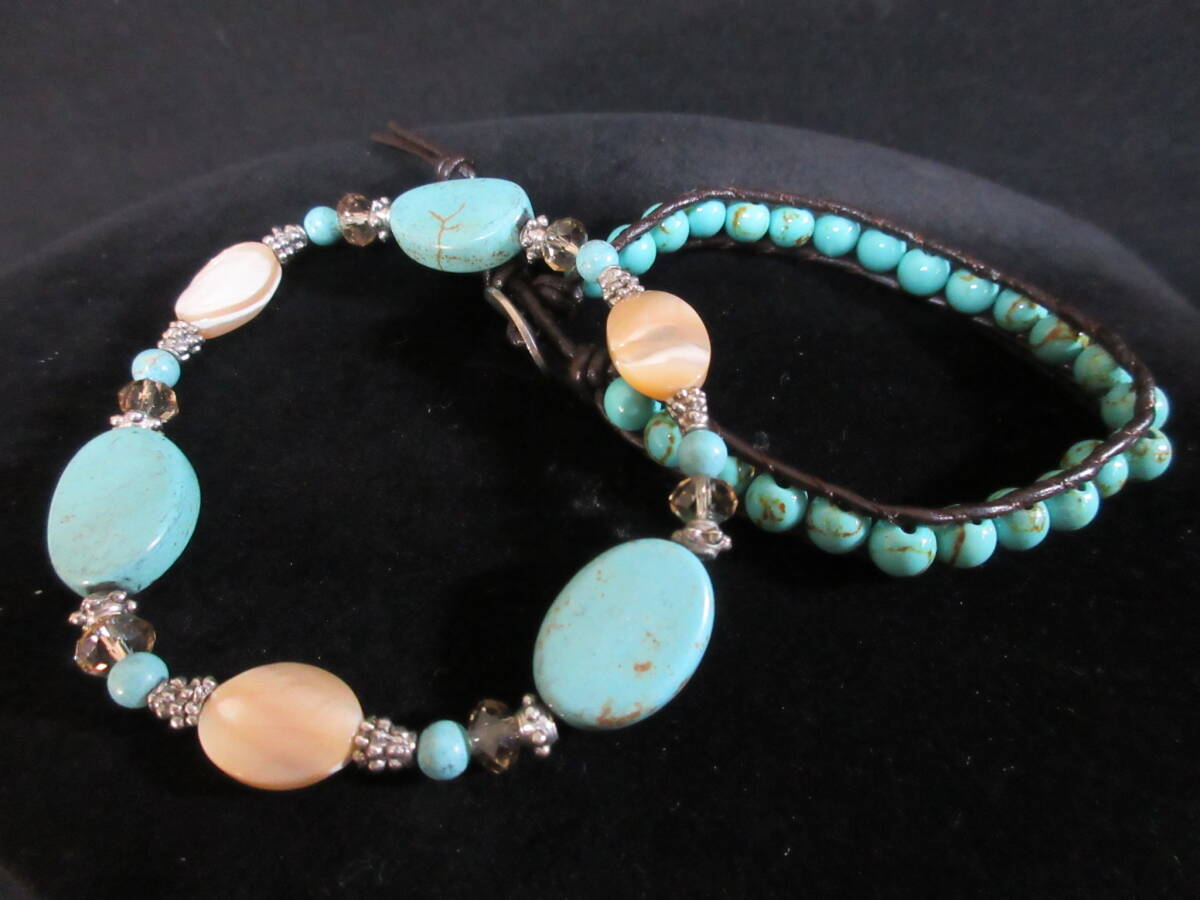 ＊100円～【天然石】パワーストーン トルコ石使い ターコイズカラー アクセサリー ネックレス3点＆ブレスレット2点 5点セット＊K-03_画像5