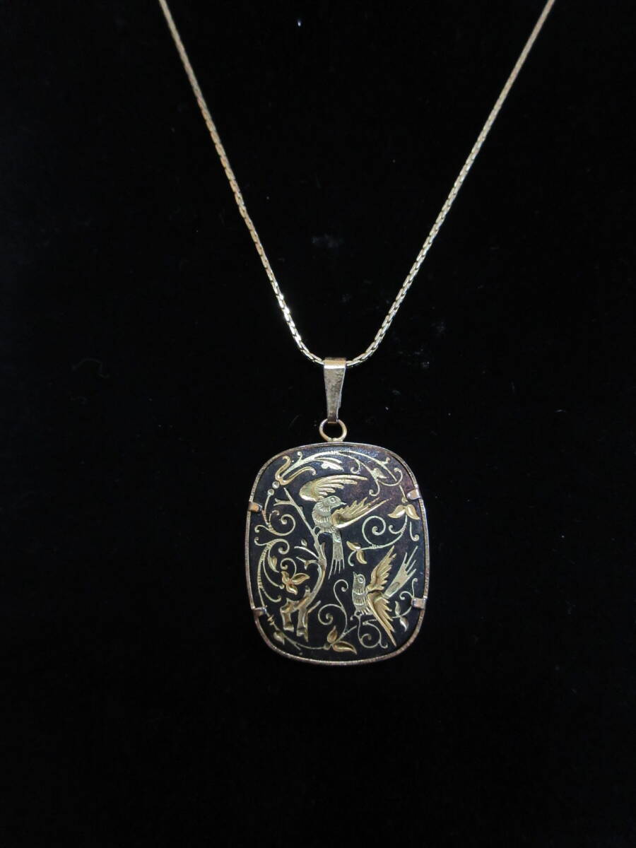 ＊100円～【象嵌】金銀 伝統工芸品 ゾウガン アクセサリー ゴールドカラー ネックレス4点＆タイピン1点 5点セット 金工/工芸＊M-85_画像6