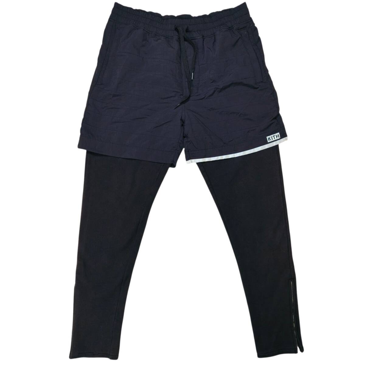KITH NYC レイヤードパンツ Mサイズ スウェット×ナイロン ロゴ 黒 ブラック キス 裾ファスナー ウエストゴム ドローコード 裏起毛_画像1