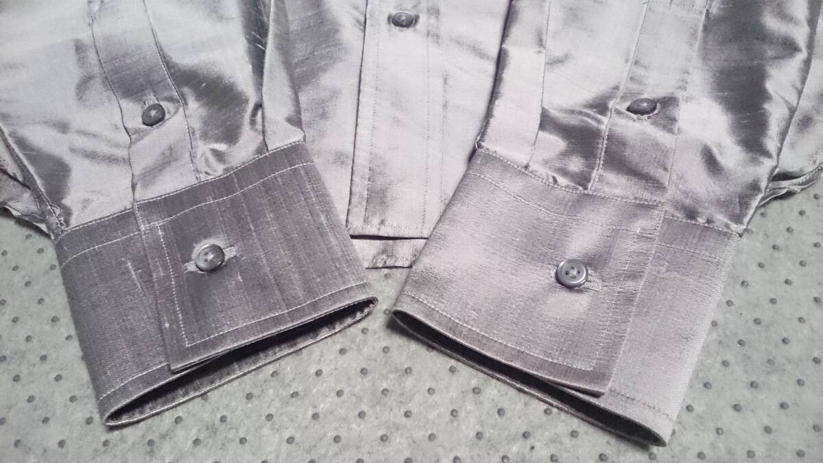 TAILOR ＆ CUTTER kazunari Arita 光沢 ジャガード風/サテン生地 絹/SILK/シルク ランダム/ボーダー柄 7B ドレス シャツ 銀/シルバー M位_画像5