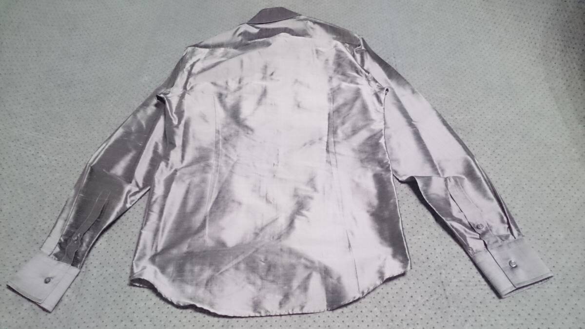TAILOR ＆ CUTTER kazunari Arita 光沢 ジャガード風/サテン生地 絹/SILK/シルク ランダム/ボーダー柄 7B ドレス シャツ 銀/シルバー M位_画像6