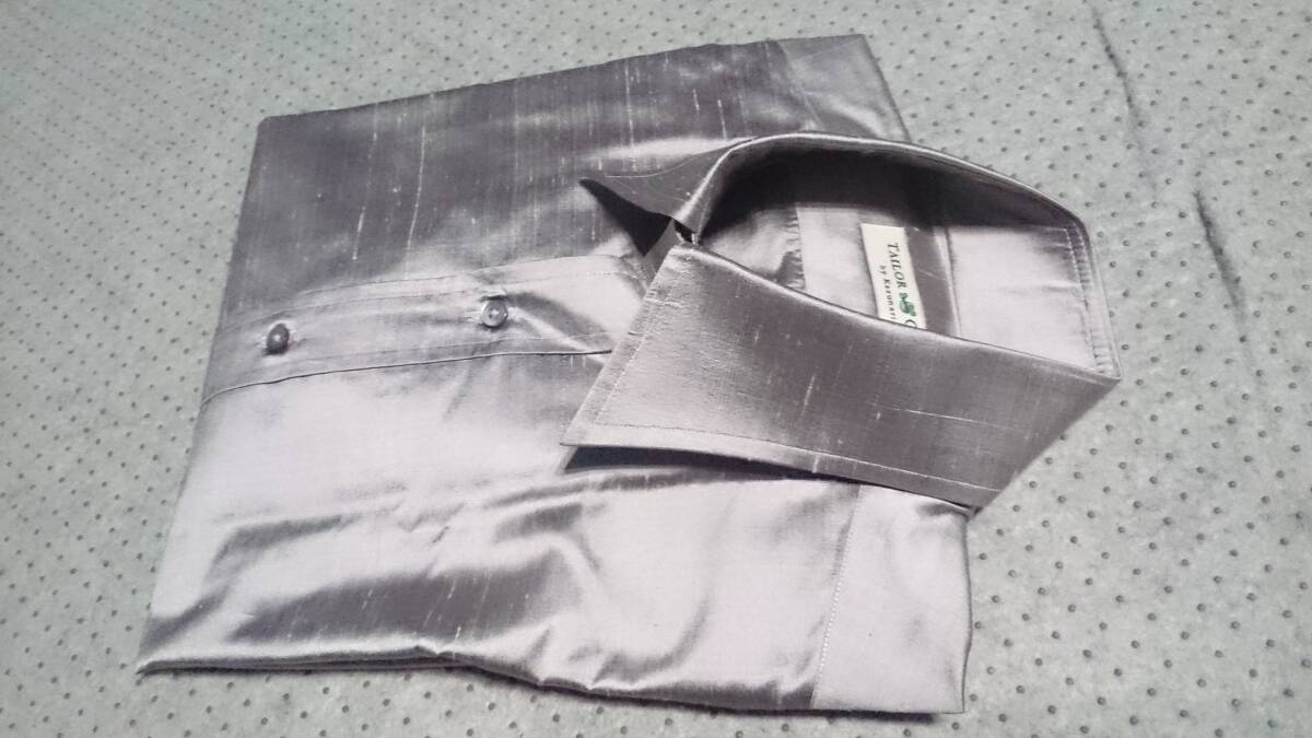 TAILOR ＆ CUTTER kazunari Arita 光沢 ジャガード風/サテン生地 絹/SILK/シルク ランダム/ボーダー柄 7B ドレス シャツ 銀/シルバー M位_画像7