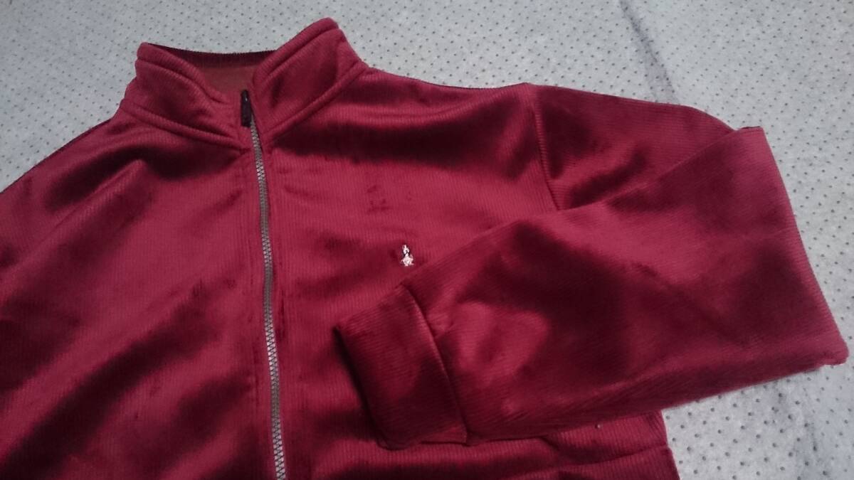 未使用級 Hush Puppies ハッシュパピー 微光沢 ストライプ柄 ベロア調 ボンディングタイプ/1枚物 ジップ ジャケット エンジ/ワイン/濃赤 M_画像1