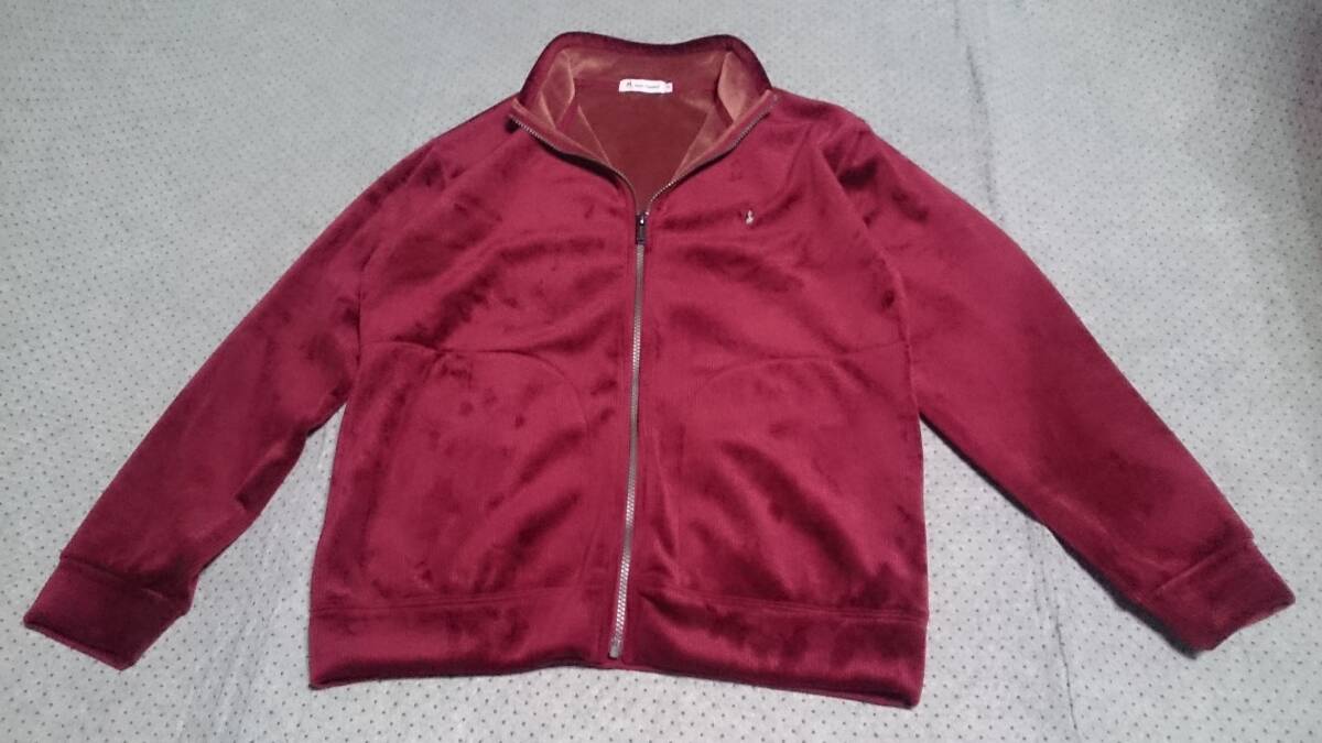 未使用級 Hush Puppies ハッシュパピー 微光沢 ストライプ柄 ベロア調 ボンディングタイプ/1枚物 ジップ ジャケット エンジ/ワイン/濃赤 M_画像2