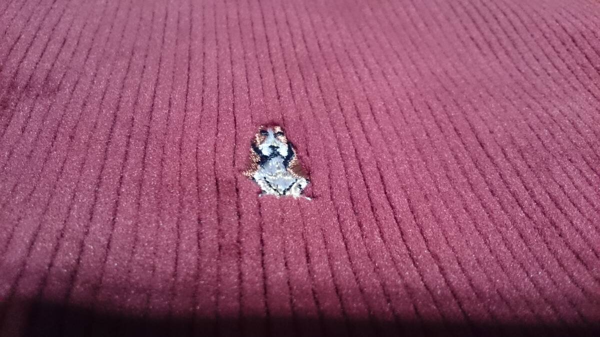 未使用級 Hush Puppies ハッシュパピー 微光沢 ストライプ柄 ベロア調 ボンディングタイプ/1枚物 ジップ ジャケット エンジ/ワイン/濃赤 M_画像3