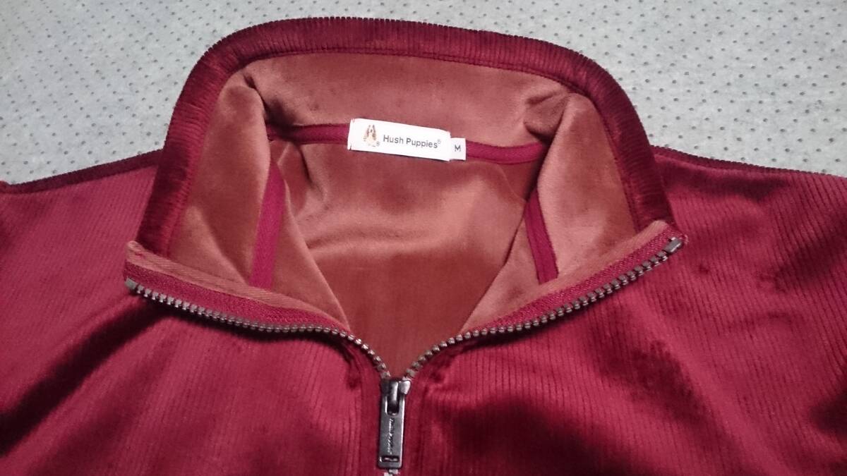 未使用級 Hush Puppies ハッシュパピー 微光沢 ストライプ柄 ベロア調 ボンディングタイプ/1枚物 ジップ ジャケット エンジ/ワイン/濃赤 M_画像4