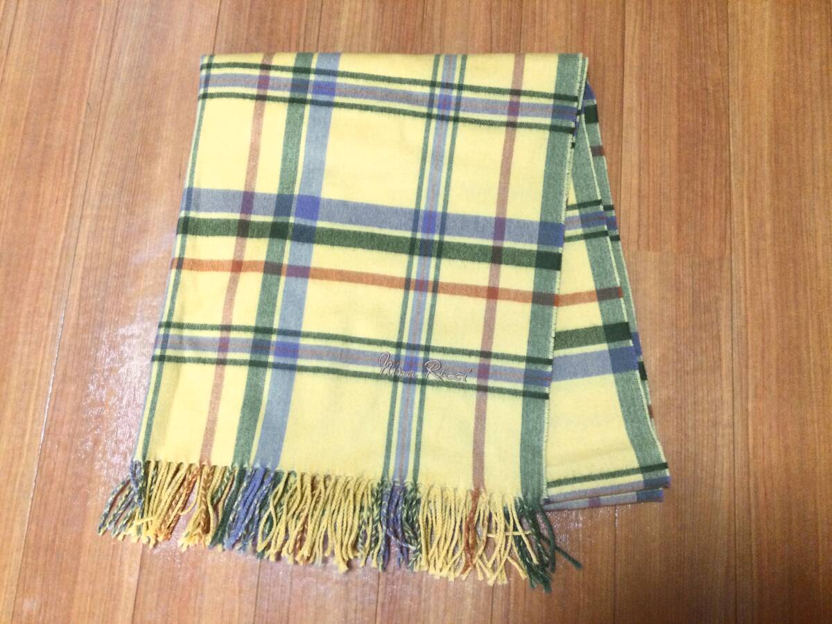 NinaRicci ニナリッチ 大判 ストール マフラー ショール 膝掛け ロゴ刺繍 チェック柄 黄系 イエロー_画像1