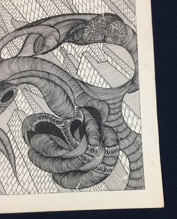 《特徴的な鳥のマーク》作者不詳 「ペン画 1981.10.4」 シミ オレ 未来的 SFっぽい 総丈65×50.2 4643-8500_画像4