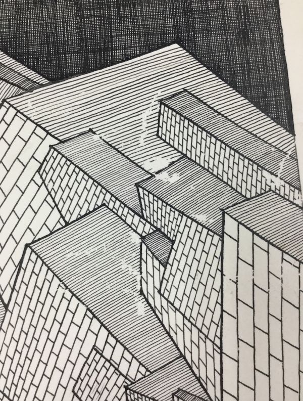 《特徴的な鳥のマーク》作者不詳 「ペン画 1981.10.4」 シミ オレ 未来的 SFっぽい 総丈65×50.2 4643-8500_画像5