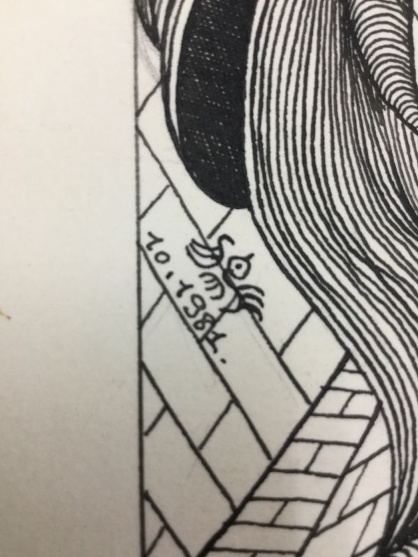 《特徴的な鳥のマーク》作者不詳 「ペン画 1981.10.4」 シミ オレ 未来的 SFっぽい 総丈65×50.2 4643-8500_画像7