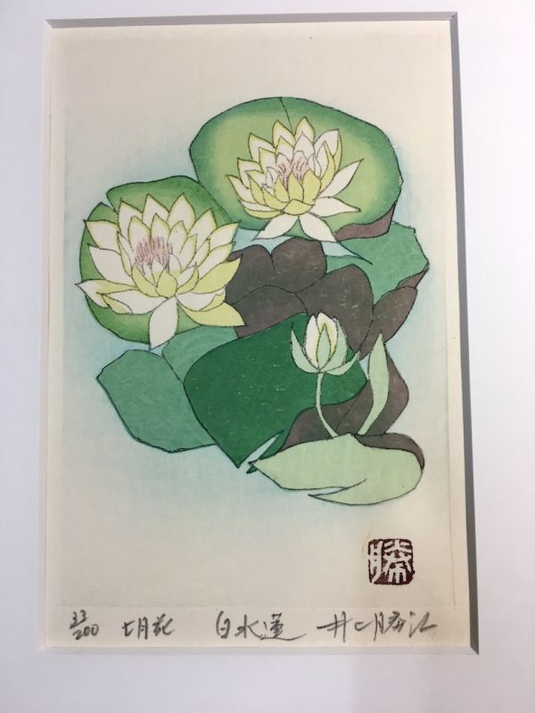 模作《日本板画院会員》井上勝江「白水蓮　33/200」アクリル額　鉛筆サイン　棟方末華に版画を学ぶ「丘」「七人展」4650-0500_画像3