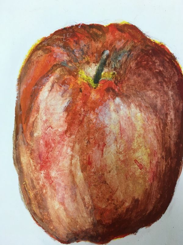 《キッチンの壁にどうでしょう》Etsuko Kurihara「りんご(仮題)」水彩 サイン入 ガラス額 ミニ額 くりはらえつこ 4178-0500_画像2