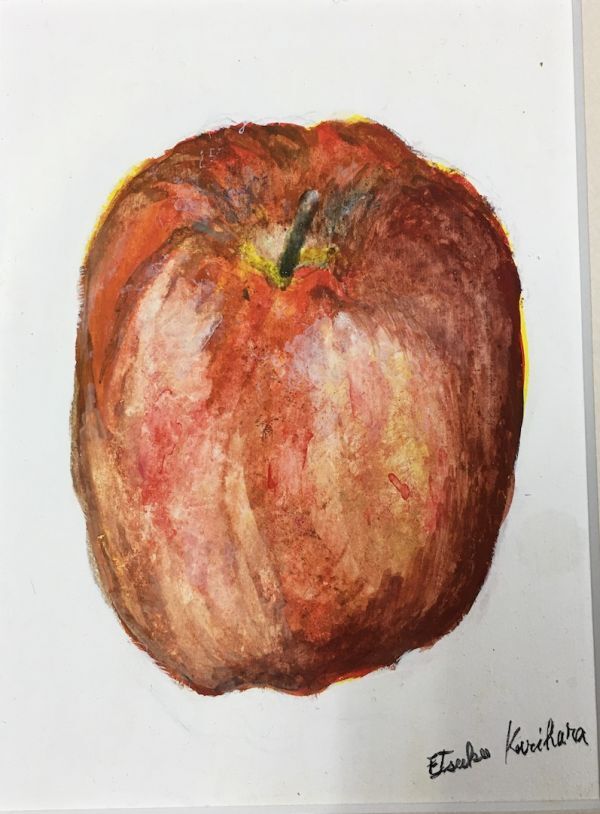 《キッチンの壁にどうでしょう》Etsuko Kurihara「りんご(仮題)」水彩 サイン入 ガラス額 ミニ額 くりはらえつこ 4178-0500_画像3