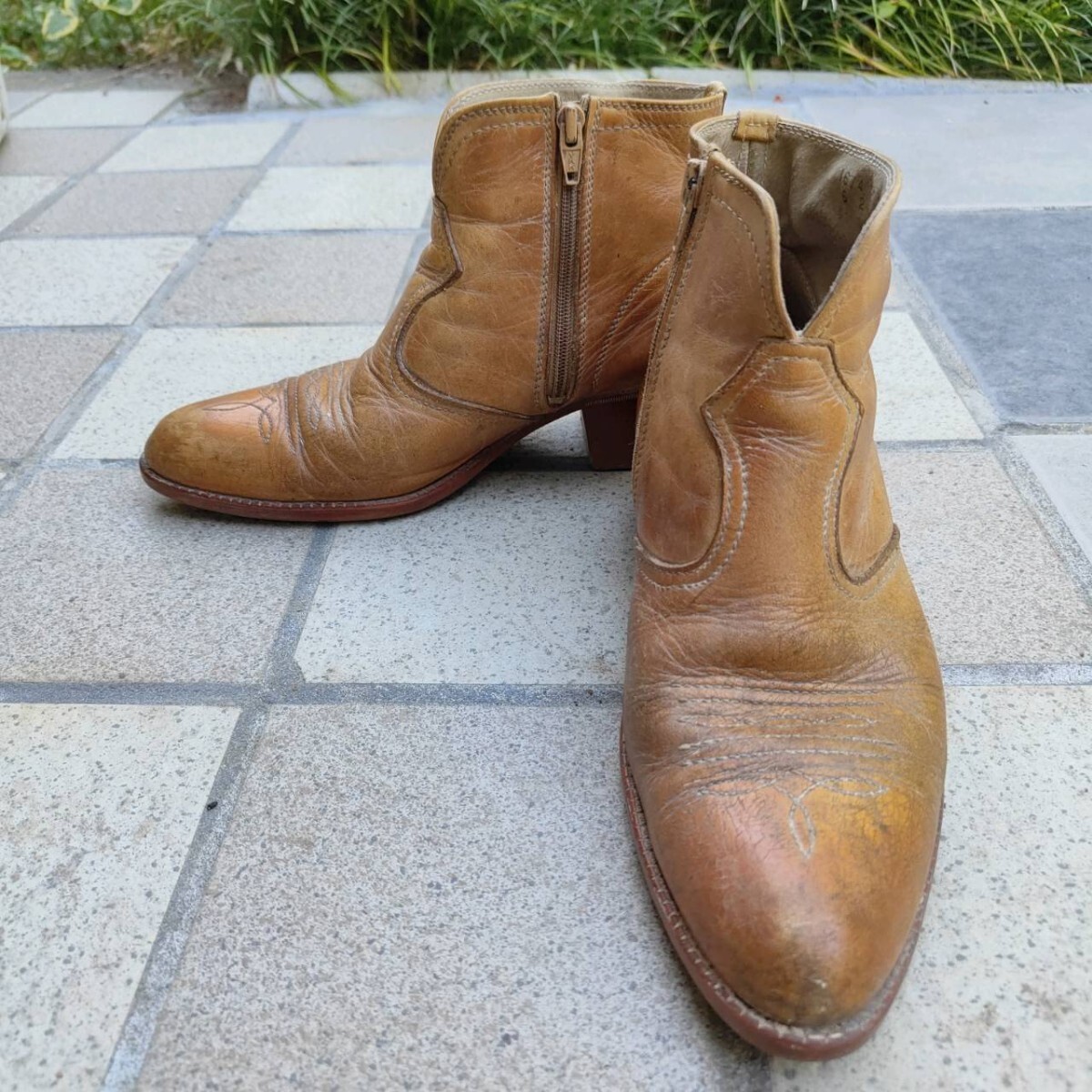 70s ウエスタン ショート ブーツ SAM by SAKAE 本革 手作り ウエスタンブーツ ブラウン 茶 ショートブーツ サイドジップ_画像3