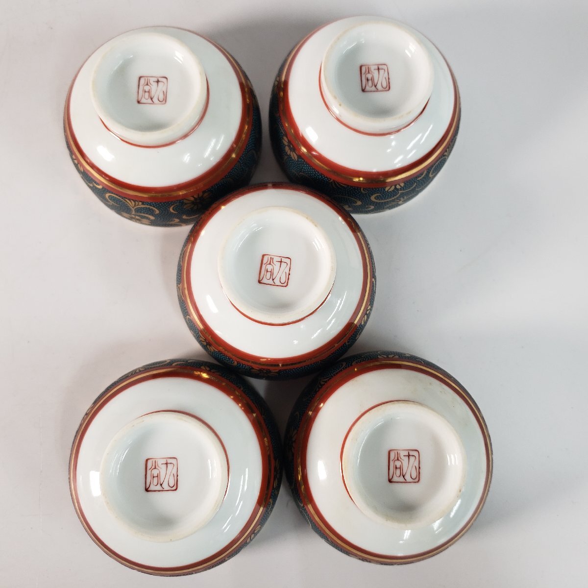 九谷焼 蓋付湯呑み 茶器 青粒 金欄 金彩 煎茶道具 湯呑 5客 茶道具 工芸品 陶器 骨董 おもてなし 客用 和食器【80i5351】_画像5