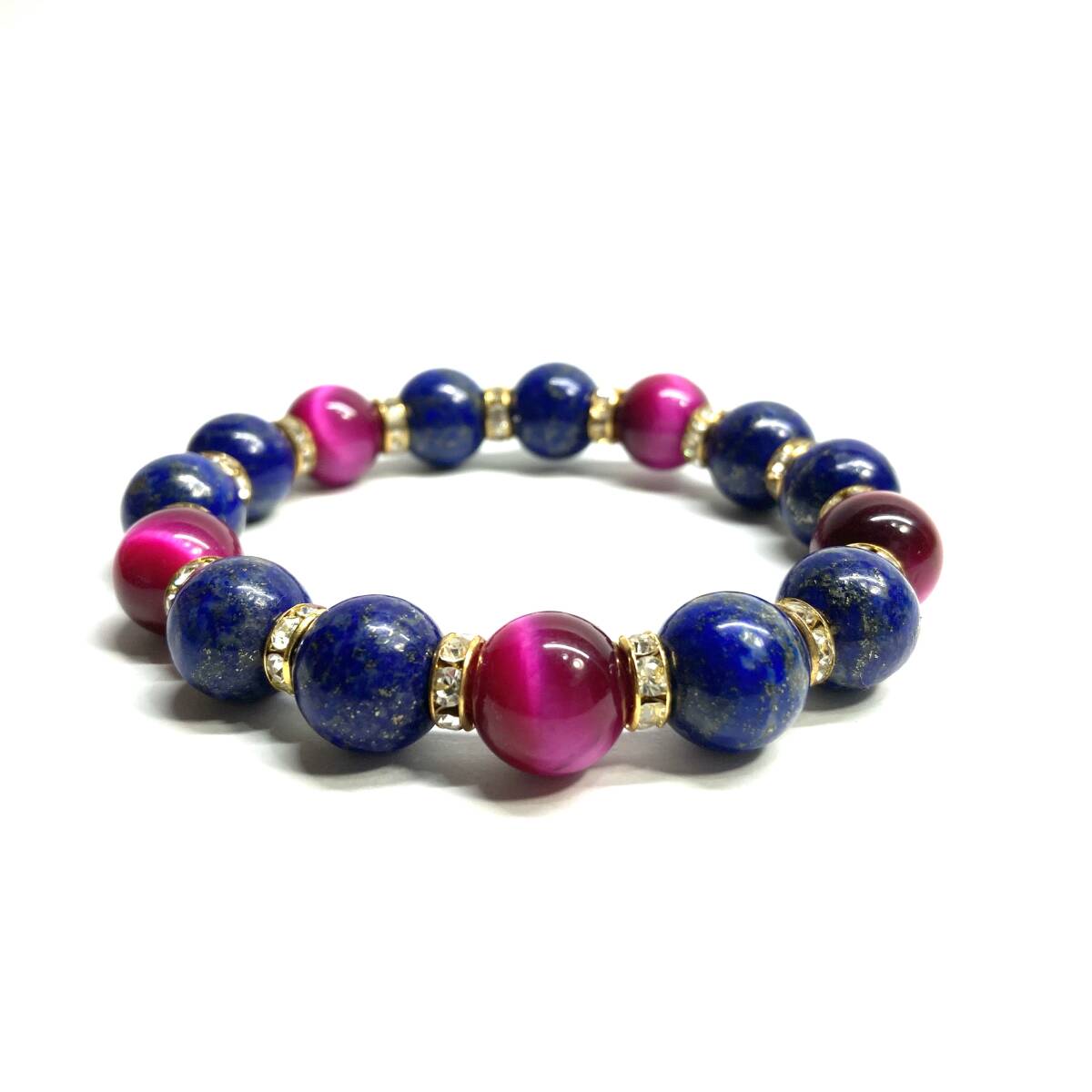 ラピスラズリ&ピンクタイガーアイ パワーストーン ブレスレット 天然石ブレス (ゴールド) 12mm 幸運 開運 メンズ 男性♪_画像2