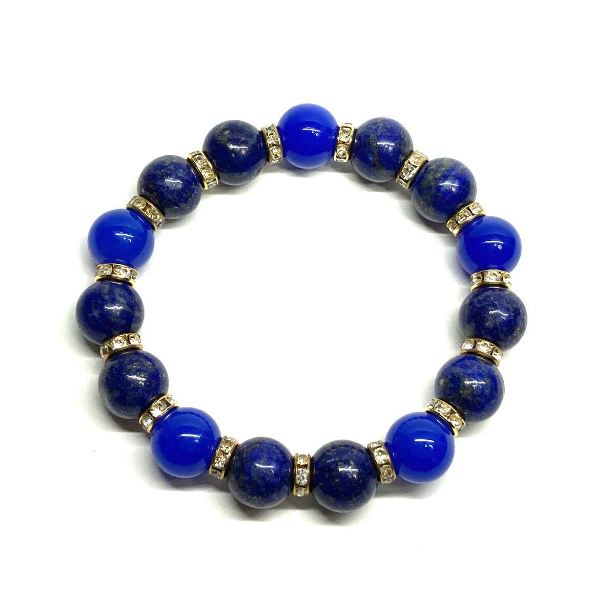ラピスラズリ&青瑪瑙 パワーストーン ブレスレット 天然石ブレス (ゴールド) 12mm 幸運 開運 メンズ 男性♪_画像4
