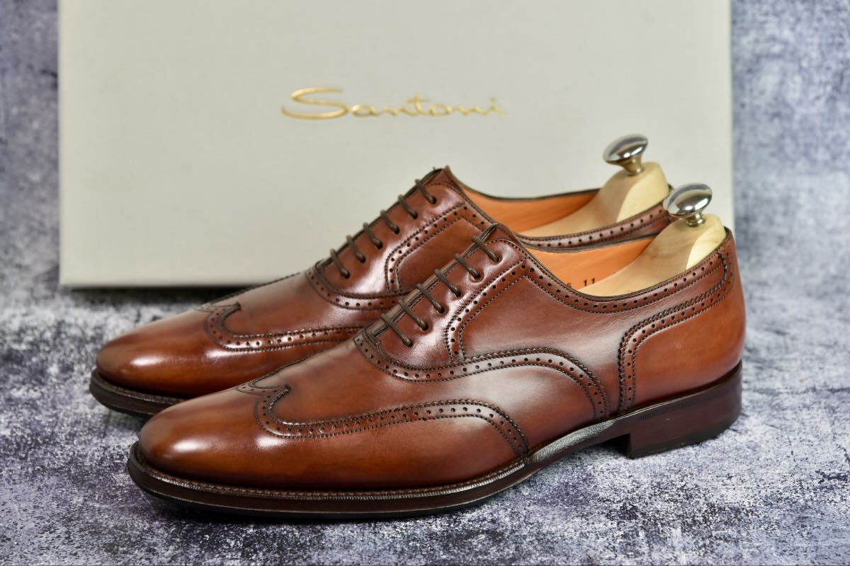 サントーニ ウイングチップ レザーシューズ サイズ6.5 (25.0cm相当) ブラウン 純正袋付属 フルブローグ Santoni_画像2