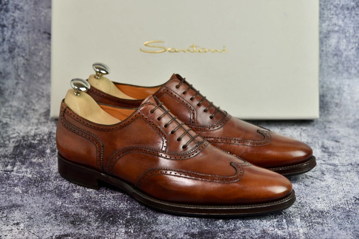 サントーニ ウイングチップ レザーシューズ サイズ6.5 (25.0cm相当) ブラウン 純正袋付属 フルブローグ Santoni_画像4