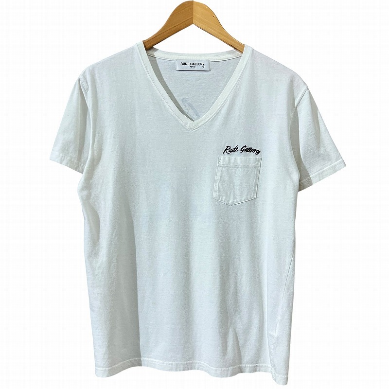 送無 G② 18SS RUDE GALLERY ルードギャラリー DEADLY DANCE PARTY TEE デッドリー ダンス 胸ポケット ロゴ 刺繍 Vネック 半袖 Tシャツ 白_画像2