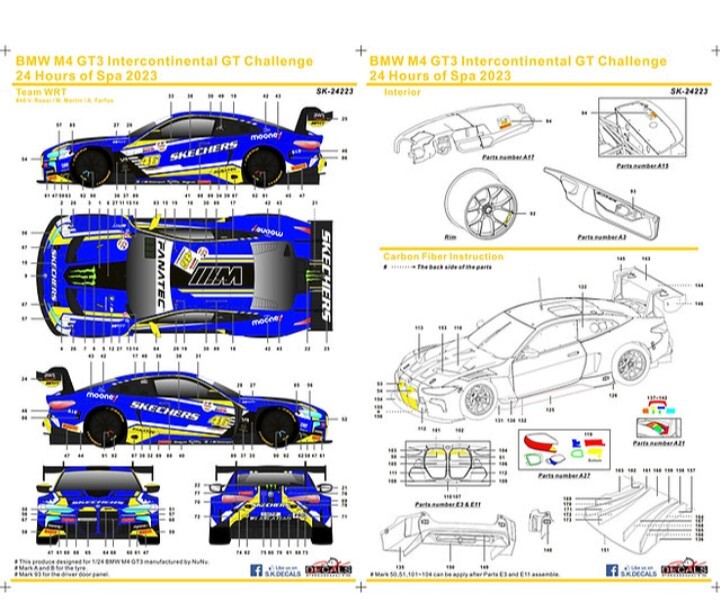 即決 新品 SKデカール SK24223 BMW M4 GT3 スパ24時間 2023 Team WRT #46 1/24 プラッツ対応デカール 送料無料_画像2
